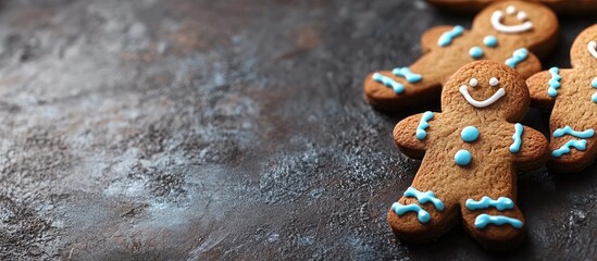 Gingerbread cookies with blue icing on dark stone background with Copy Space for text