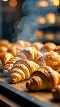 Fresh croissants in a bakery. Close-up of steaming croissants.