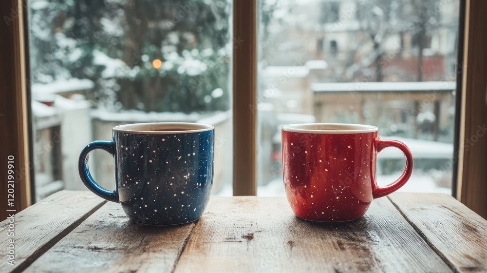 Poster blue and red mugs on wooden table with snowy window view copy space