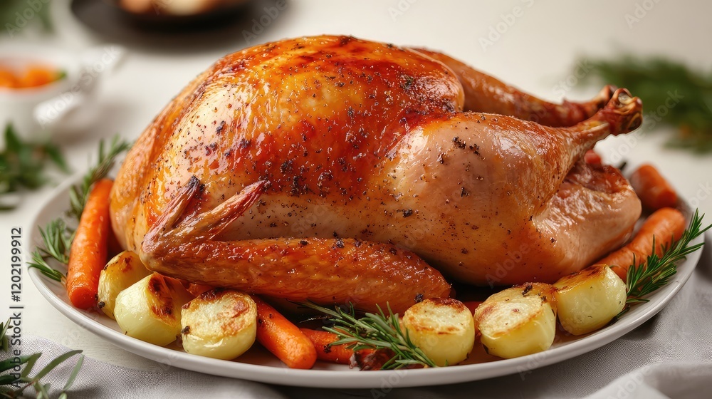 Aufkleber roasted whole turkey garnished with vegetables including carrots and onions on a platter with copy s