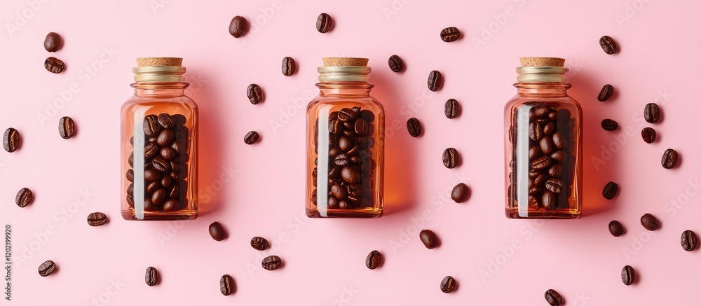 Poster glass jars with coffee beans arranged on pink background with scattered coffee beans and copy space 