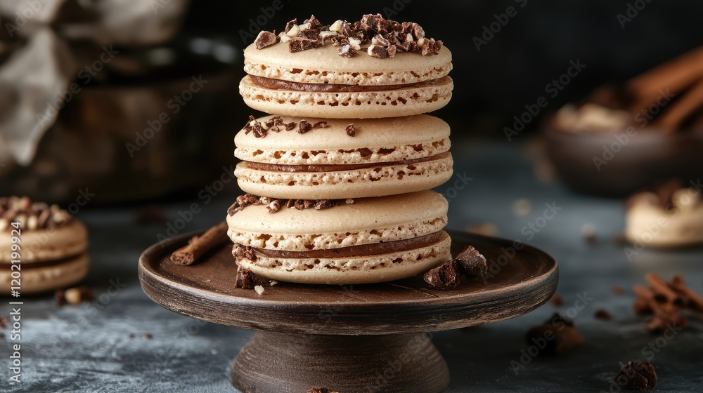 Poster Stack of chocolate macarons on a rustic wooden pedestal with scattered chocolate chips and spices in a moody kitchen setting Copy Space