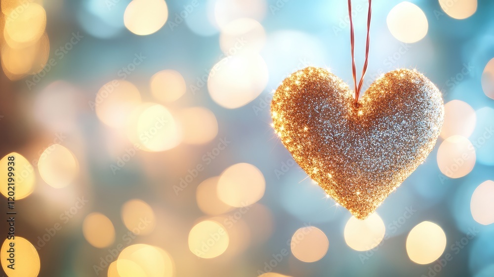 Poster glittery heart ornament on string with bokeh background and soft lighting ideal for holiday or roman