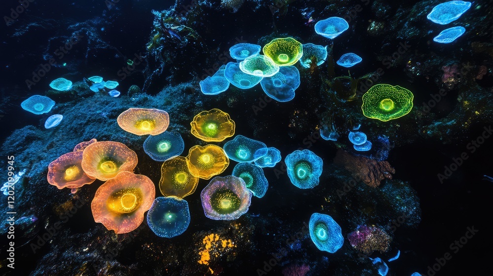 Aufkleber Colorful underwater scene of luminescent jellyfish in deep ocean setting with Copy Space for text placement