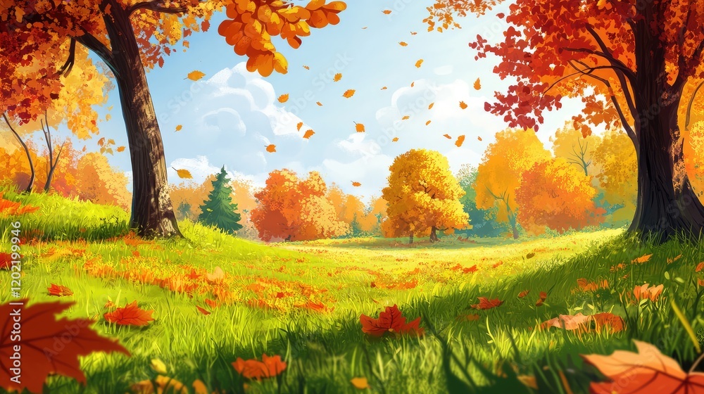 Aufkleber autumn landscape with colorful trees and falling leaves in a vibrant park setting under a blue sky w