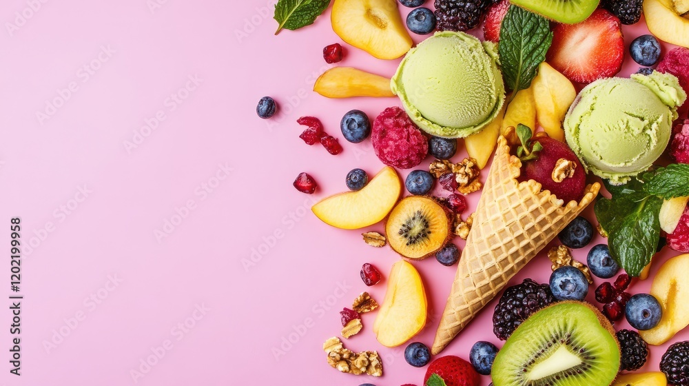 Poster Colorful arrangement of assorted fruits with ice cream cones on a pink background with Copy Space for text placement.