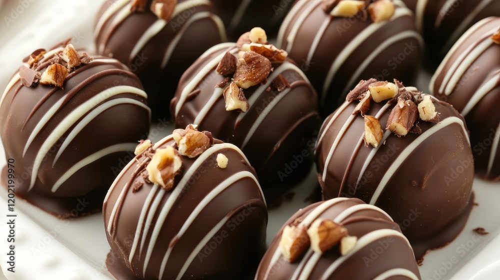 Poster assorted chocolate truffles with nuts and decorative drizzle arranged on a white plate copy space