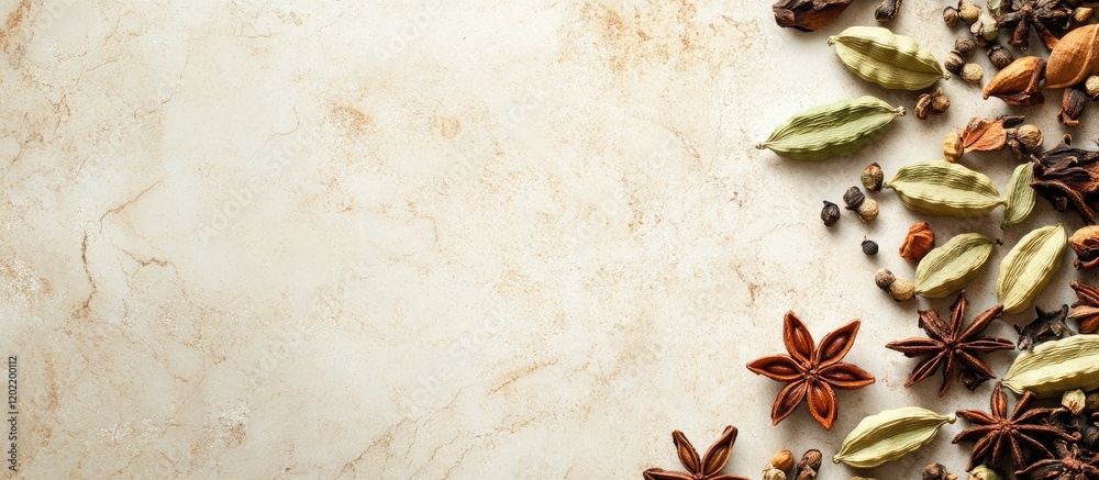Aufkleber dried spices and herbs arranged on a light marble background with copy space for text placement
