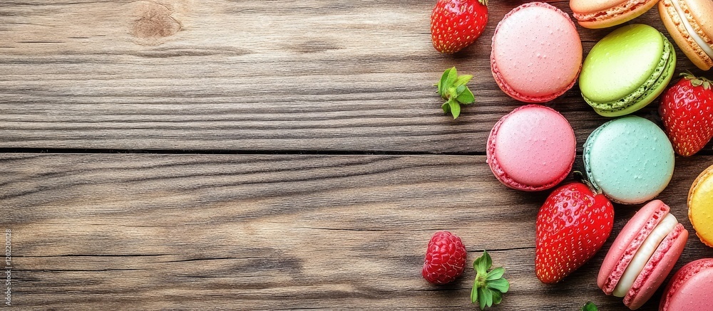 Poster colorful macarons and fresh strawberries on rustic wooden background with copy space