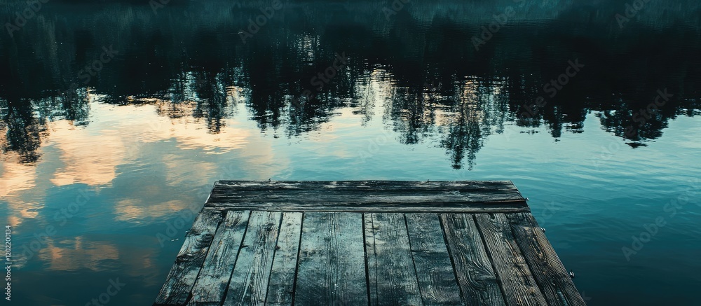 Aufkleber wooden dock extending over calm lake water with reflections of trees and clouds at sunset copy space