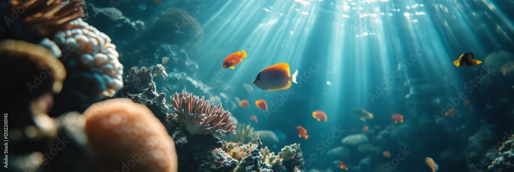 Poster sunbeams penetrating the ocean surface, creating mesmerizing light rays illuminating a colorful cora
