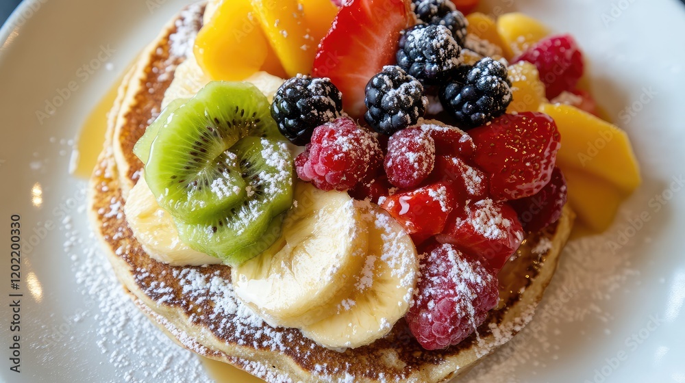 Poster pancakes topped with assorted fresh fruits including banana kiwi mango strawberry and berries dusted