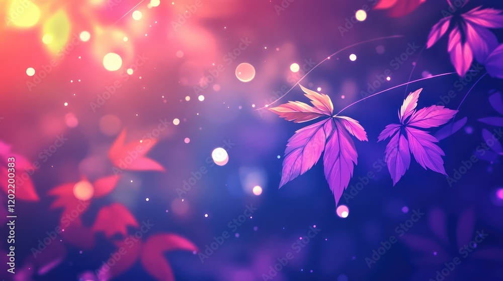 Poster colorful abstract background with leaves and bokeh lights in purple and pink tones with copy space f
