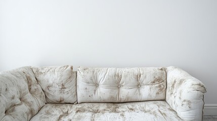 Worn and stained vintage couch with copy space against a plain white wall in a minimal indoor setting.