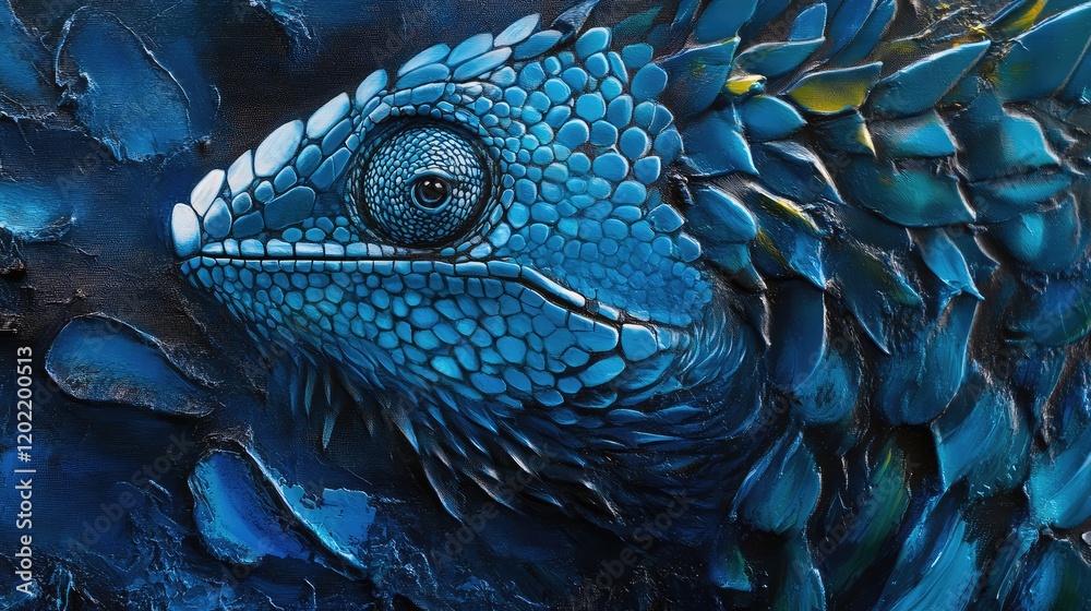 Aufkleber Blue textured lizard head close-up with vibrant scales and detailed features against a dark background ideal for copy space usage