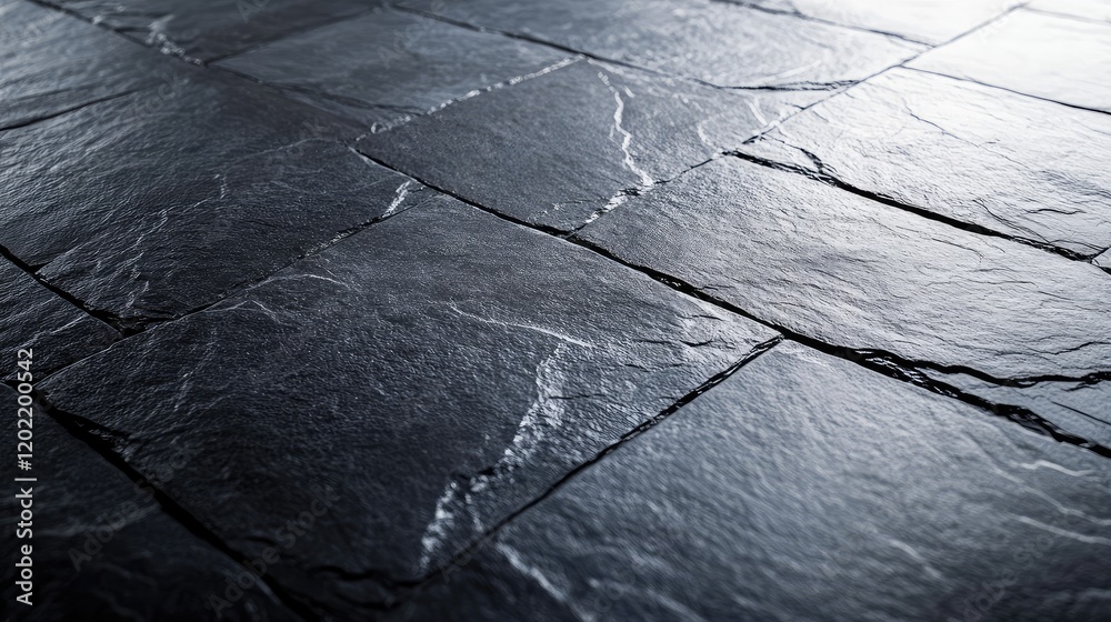 Poster Black textured slate tiles arranged in a geometric pattern with natural lighting highlighting surface details and shadows Copy Space