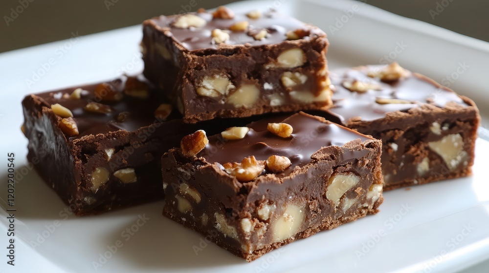Poster delicious chocolate fudge brownies topped with nuts on a white plate with copy space for text.