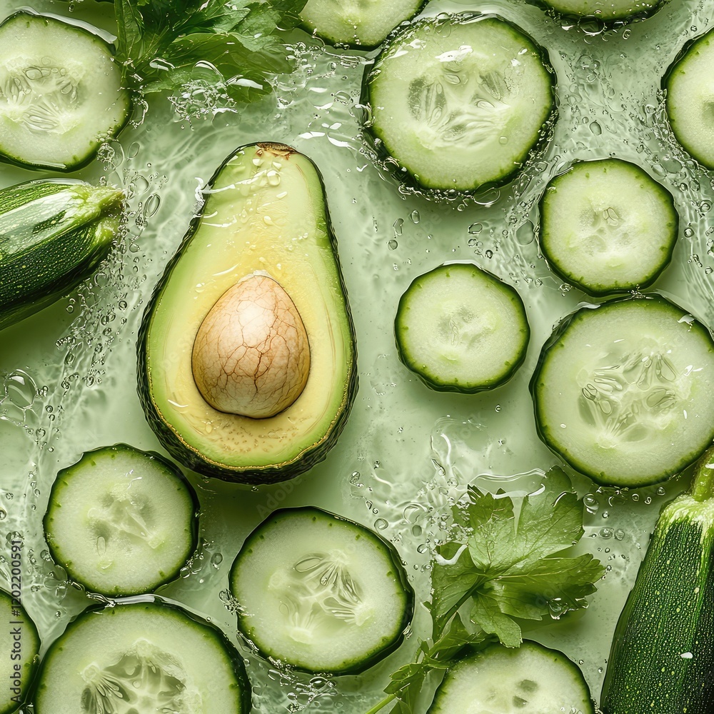 Poster fresh avocado and cucumber slices arranged in water with herbs, overhead view, copy space.