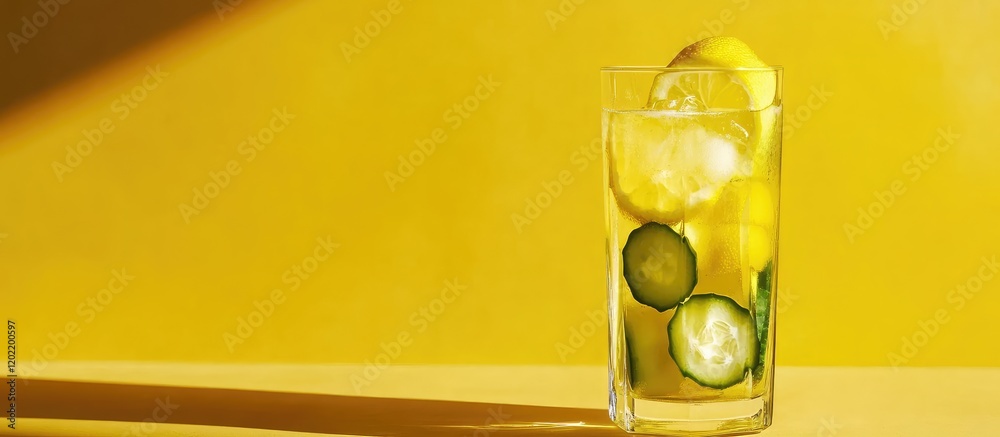 Aufkleber citrus and cucumber infused drink in a glass on a bright yellow background with copy space