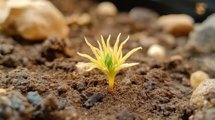 Small green seedling emerging from soil with visible rocks and dirt texture providing copy space for text.