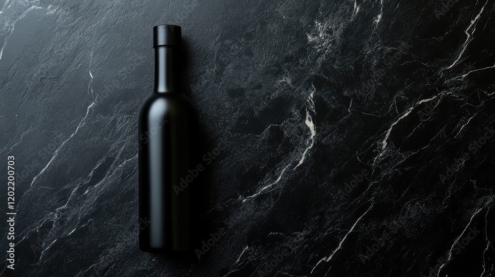 Poster black wine bottle on dark marble background with copy space for text or branding design purposes.