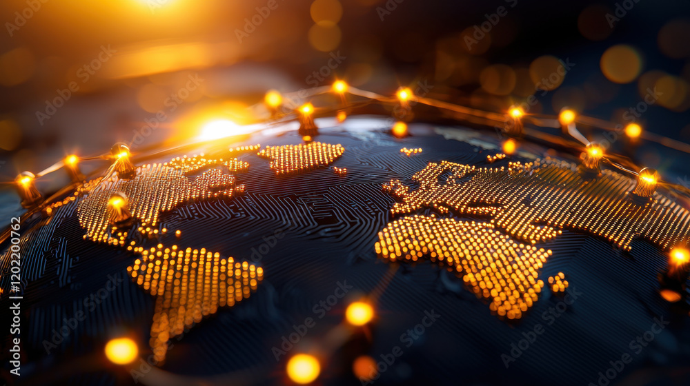 Poster digital representation of globe with glowing trade routes, showcasing interconnectedness and global 
