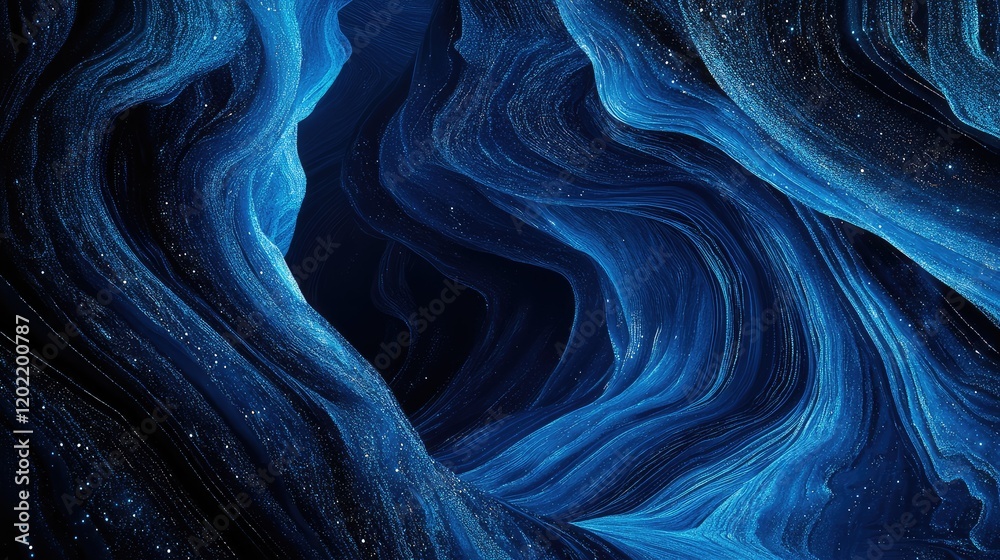 Aufkleber Abstract blue wave patterns with shimmering details in a dark background suitable for creative and artistic projects. Copy Space.
