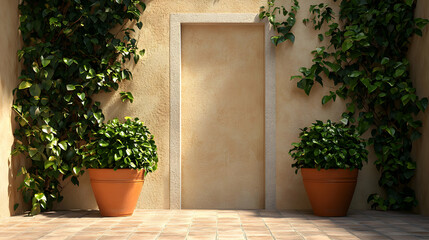 Lush green potted plants by a simple doorway tranquil courtyard interior design natural light serene ambiance