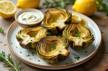 roasted artichoke hearts with lemon wedges and creamy dipping sauce on white plate in culinary concept of elegant appetizer.