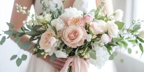 Obraz premium A bride holds a beautiful bouquet filled with soft pink roses, white flowers, and lush greenery, capturing a moment of joy in a bright setting