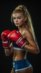 Athletic female boxer in sports attire posing confidently with red boxing gloves against dark background, showcasing strength and determination in dramatic studio lighting setup.