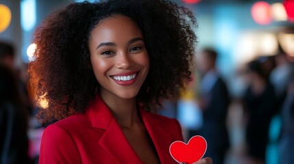 Businesswoman in a vibrant red outfit smiling while holding a heart-shaped badge at an office event