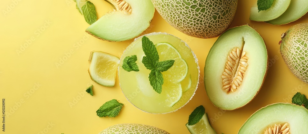 Poster fresh cantaloupe slices and a cocktail with mint leaves on a yellow background with copy space