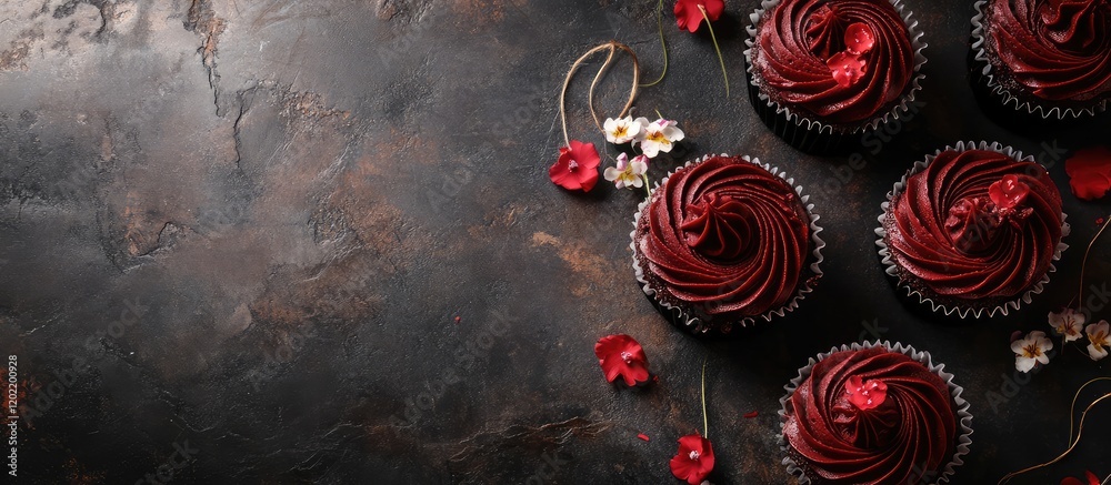 Aufkleber chocolate cupcakes with red frosting and decorative flowers on a dark textured surface with copy spa