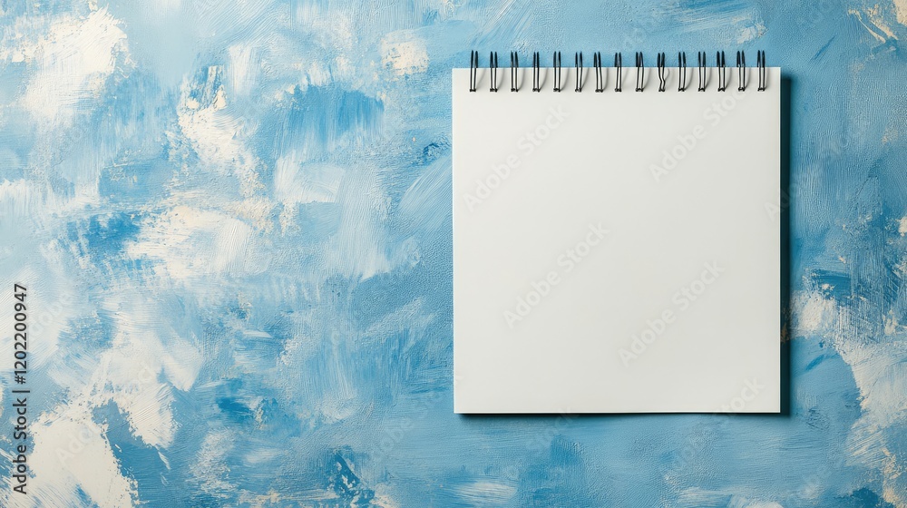 Poster Blank spiral notebook on blue textured background with copy space for text or design elements