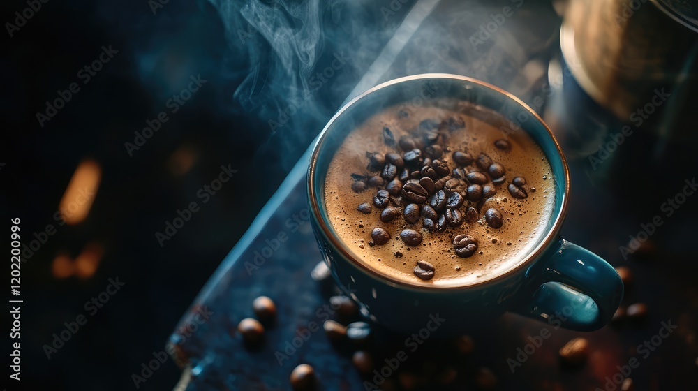 Poster Close-up of a steaming cup of coffee topped with coffee beans on a dark surface with Copy Space for text