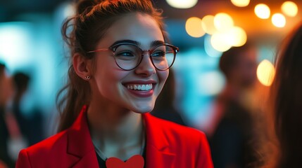 Businesswoman in a vibrant red suit smiling with a heart-shaped badge at a formal business event