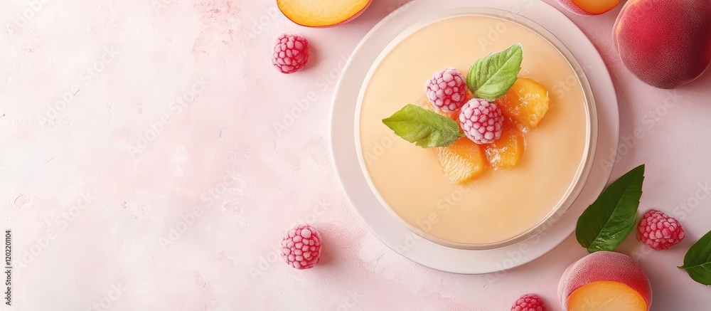 Poster Peach mousse cake adorned with raspberries and mint leaves on a pastel background with Copy Space for text placement