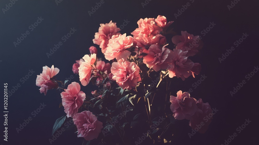 Aufkleber Pink roses bouquet with dark background and soft lighting featuring Copy Space for text placement