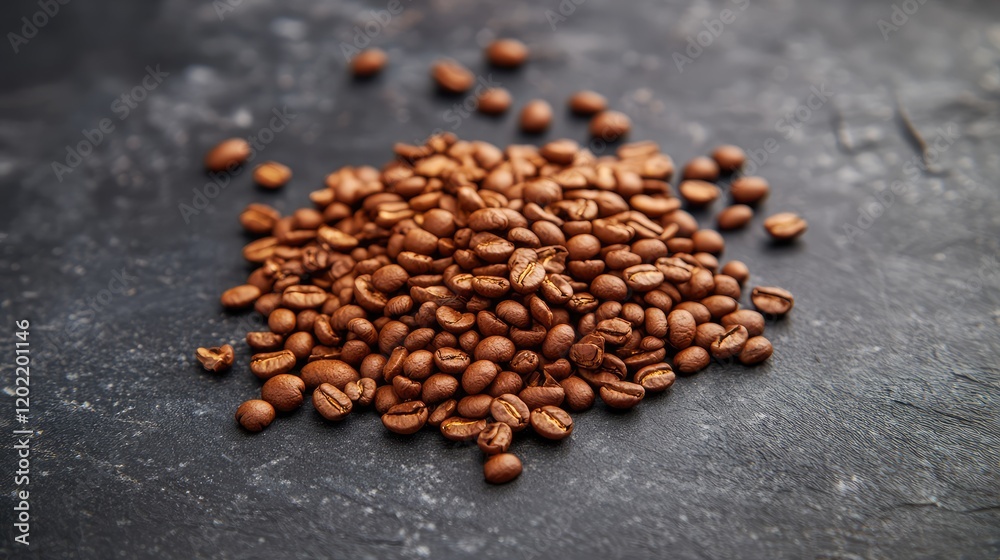Poster Coffee beans piled on dark stone surface with texture and Copy Space for text placement.