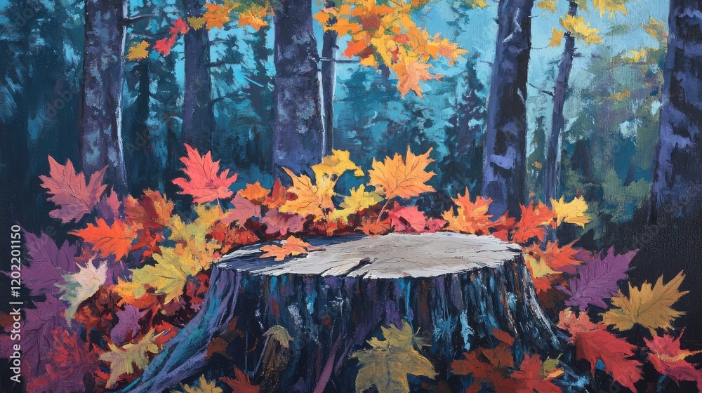 Aufkleber Autumn leaves on a tree stump in a forest setting surrounded by tall trees with blurred background Copy Space