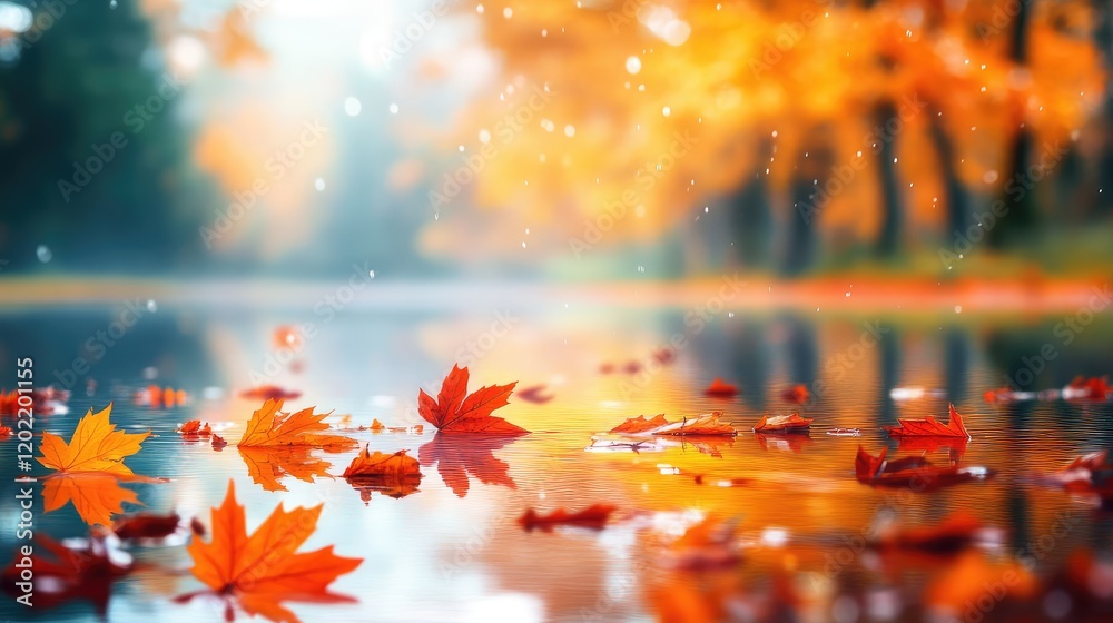 Aufkleber autumn foliage on calm lake surface with fallen leaves and blurred background of trees with vibrant 