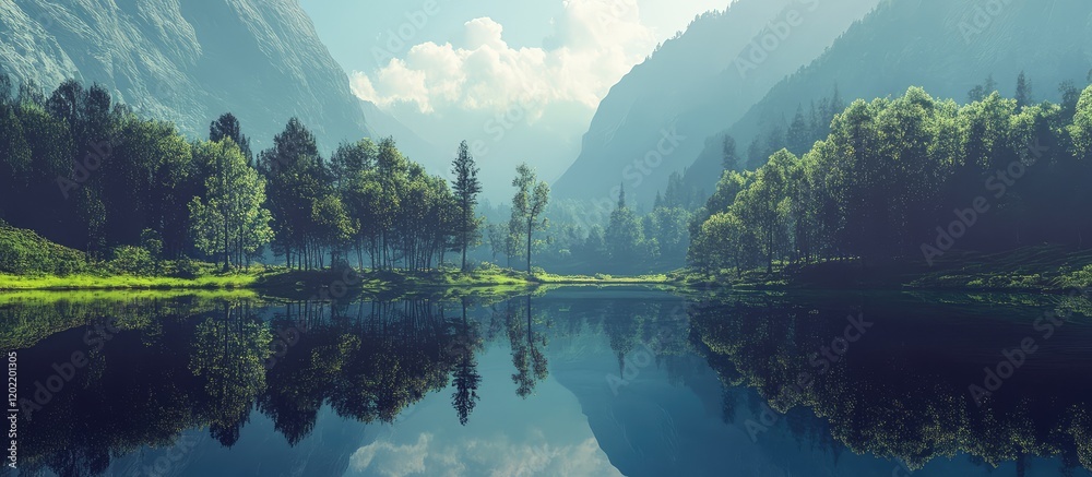 Poster serene mountain landscape with reflection in a calm lake surrounded by lush greenery and blue skies 