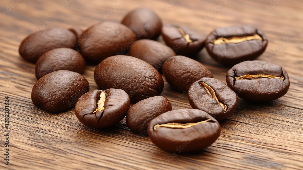 Poster coffee beans on wooden surface with natural lighting and copy space for text placement