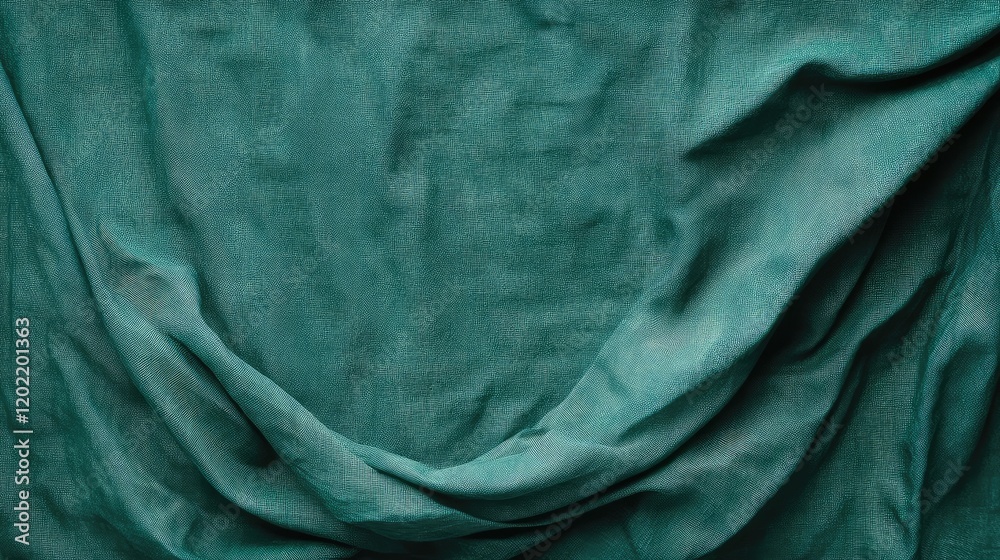 Poster textured green fabric background with folds and wrinkles ideal for creating depth and visual interes