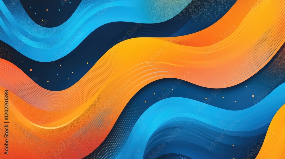 Poster abstract wavy pattern in blue orange and black tones with a smooth gradient and copy space for text 