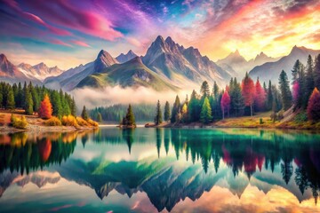 Magical scenery unfolds: a painter's dream of a tranquil, surreal lake and mountain reflections.