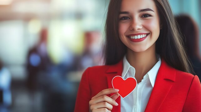 Businesswoman in red professional attire smiling while holding a heart-shaped badge during a corporate gathering - Powered by Adobe