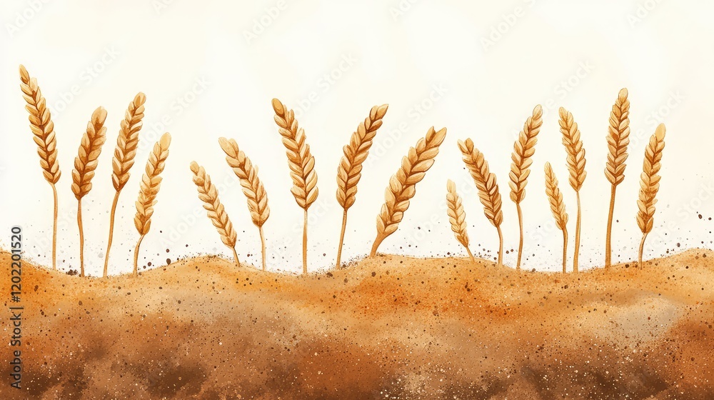 Poster Wheat stalks growing in sandy soil with a light background and ample copy space for text.