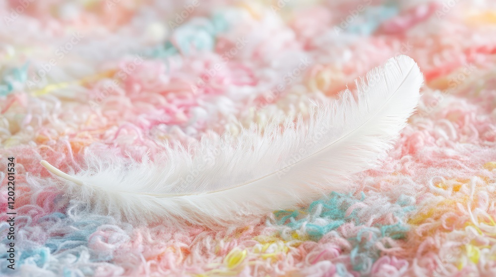 Poster White feather on pastel colored textured fabric background with soft focus and Copy Space for text insertion